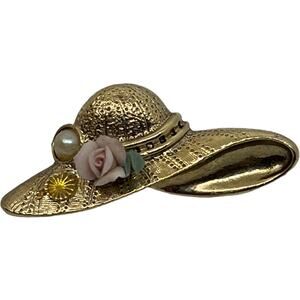 Elegant Gold-Toned Floral Sun Hat Brooch
